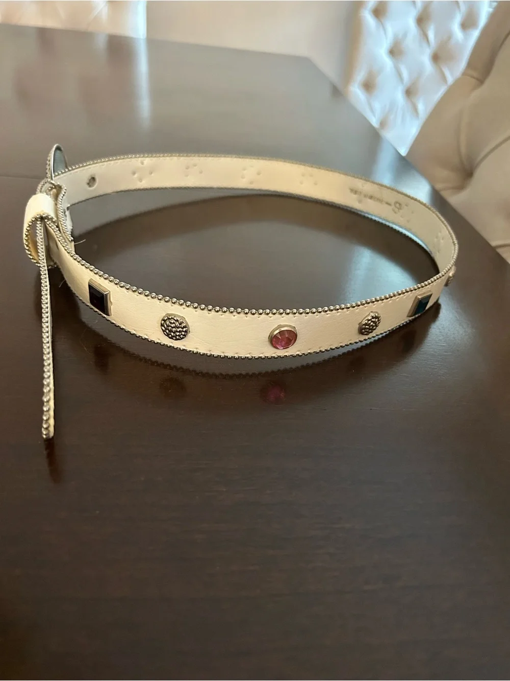 Women's Vintage White Decorative Leather Belt with Gem Accents Size S